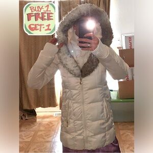 BETSEY JOHNSON Faux Fur Trimmed Hood White Puff Ski Parka with Corset Cinch XS